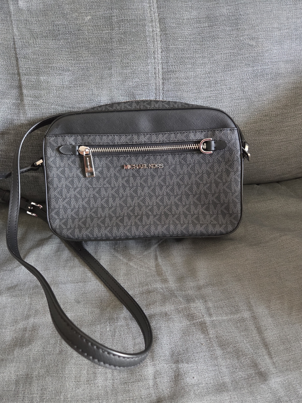 Michael Kors Signature Monogram Crossbody Bag in Charcoal/Black